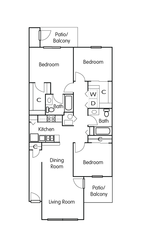 Floor plan for 3 beds, 2 baths, 1181 sqft